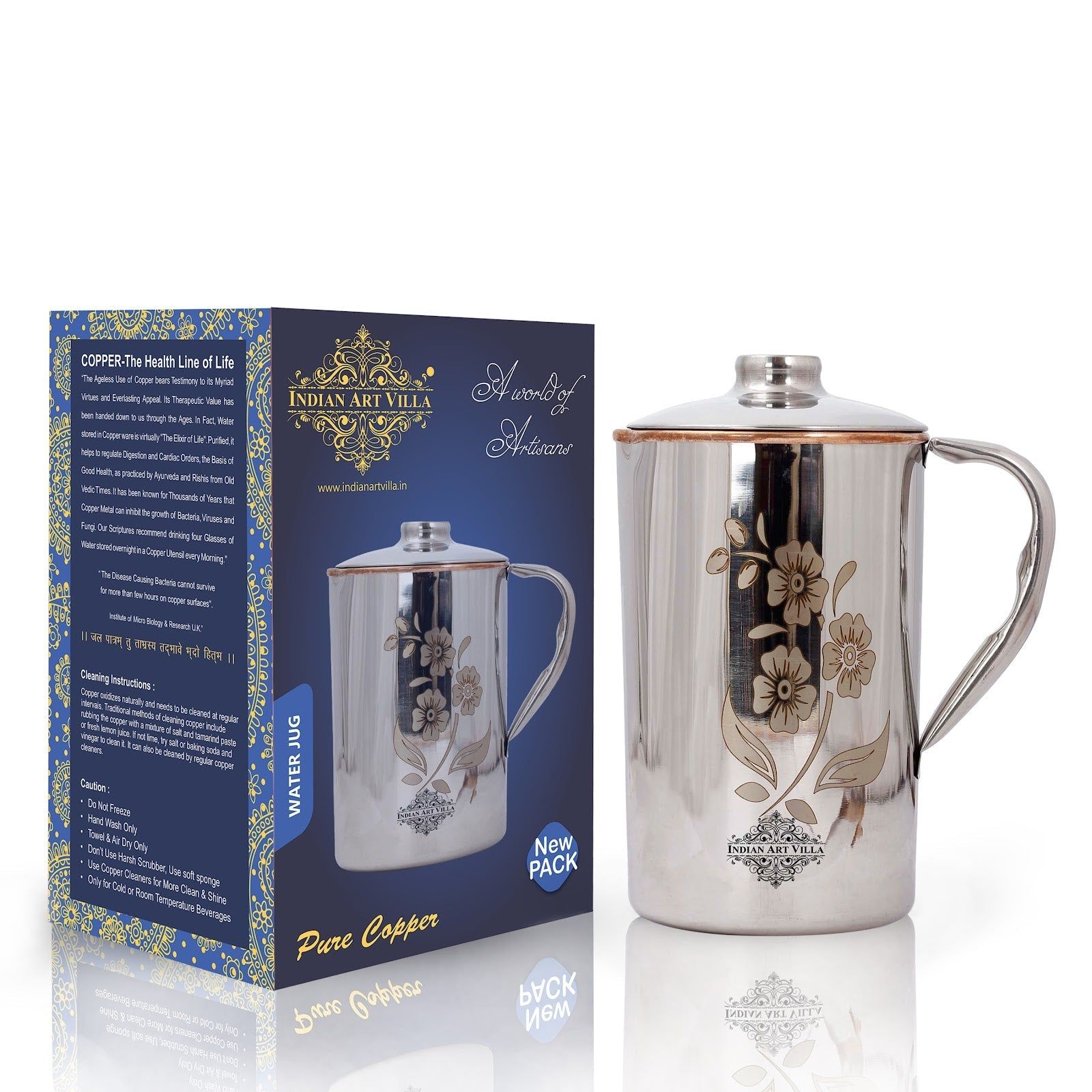 Pure steel copper jug luxury design with lid flower, 1500 ML